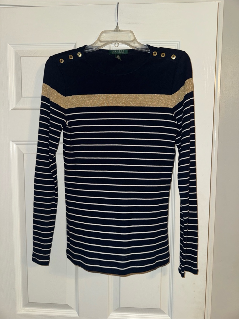 Ralph Lauren Navy and White Striped Long-Sleeve Top with Gold Shoulder Detail